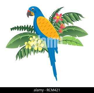 Colorful bird, parrot sitting in flowers and green leaves icon Stock Vector