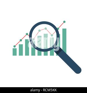 Magnifier and graph icon in flat design. Vector illustration. Analytics concept Stock Vector