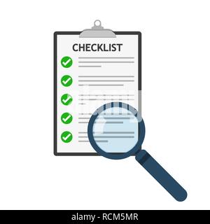 Magnifier and checklist icon in flat design. Vector illustration. Analytics concept Stock Vector
