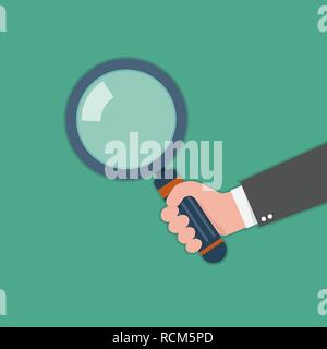 Human hand holding magnifying glass. Vector illustration. Concept of analysis, exploration or zoom Stock Vector