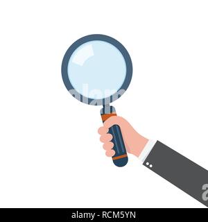 Human hand holding magnifying glass. Vector illustration. Concept of analysis, exploration or zoom Stock Vector