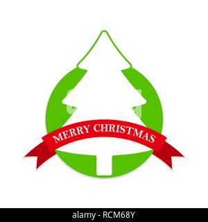 Christmas label with christmas tree and red ribbon. Vector Illustration. Merry Christmas label in flat design Stock Vector