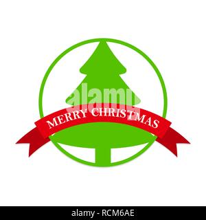 Christmas label with christmas tree and red ribbon. Vector Illustration. Merry Christmas label in flat design Stock Vector