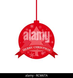 Christmas ball with ribbon in flat design. Vector illustration. Hanging Christmas ball, isolated on white background Stock Vector