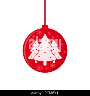 Christmas ball with christmas trees in flat design. Vector illustration. Hanging Christmas ball, isolated on white background Stock Vector
