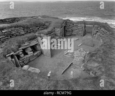 View W of the interior of the smaller of two early Neolithic (c 3700 BC) buildings at Knap of Howar, Papa Westray island, Orkney, Scotland, UK. Stock Photo