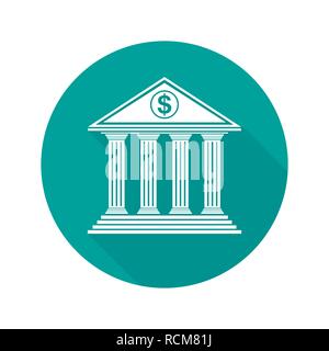 Bank building icon in flat design. Vector illustration. Round button of the bank with long shadow Stock Vector