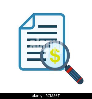 Magnifier and document in flat design. Vector illustration. Concept of analytics or control Stock Vector