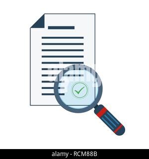 Magnifier and document in flat design. Vector illustration. Concept of analytics or control Stock Vector