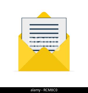 Yellow envelope with documents inside, in flat design. Vector illustration. Simple envelope, isolated on white background Stock Vector