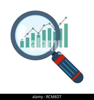 Magnifier and graph icon in flat design. Vector illustration. Analytics concept Stock Vector