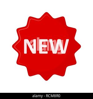 Text New on the round label in flat design. Vector illustration. Red round sticker on white background. Stock Vector