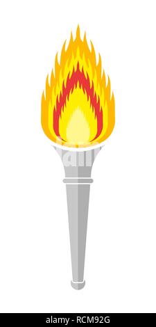 Torch icon with a flame in flat design. Vector illustration. Colored torch with shadow on light background. Stock Vector