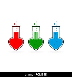 Test tube icon in the shape of the heart. Vector illustration. Concept of Love laboratory in flat design. Stock Vector