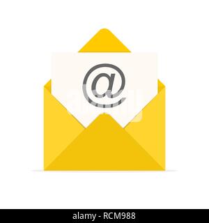 Yellow envelope with documents inside, in flat design. Vector illustration. Simple envelope, isolated on white background Stock Vector