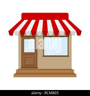 Store or shop icon in flat design. Vector illustration. Shop building, isolated on white background. Stock Vector