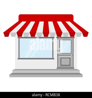 Store or shop icon in flat design. Vector illustration. Shop building, isolated on white background. Stock Vector