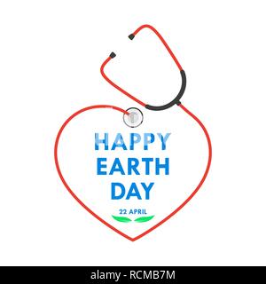 Happy Earth Day logo with stethoscope in flat design. Vector illustration. Happy Earth Day, ecology concept. Stock Vector