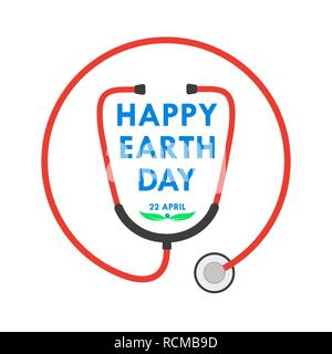 Happy Earth Day logo with stethoscope in flat design. Vector illustration. Happy Earth Day, ecology concept. Stock Vector