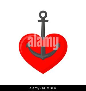 Gray marine anchor with a red heart in flat design. Vector illustration. Concept of the love and romance Stock Vector