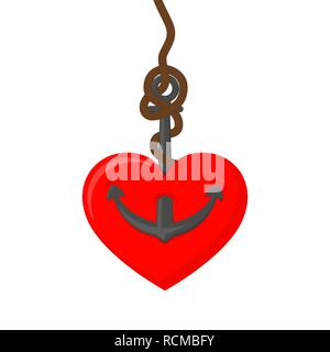 Gray marine anchor with a red heart in flat design. Vector illustration. Concept of the love and romance Stock Vector