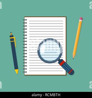 Office supplies, notebook and magnifier in flat design. Vector illustration. Back to school concept. Stock Vector