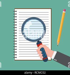 Office supplies, notebook and magnifier in flat design. Vector illustration. Back to school concept. Stock Vector