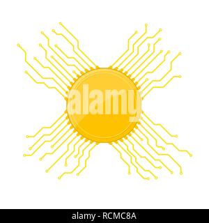 Yellow microchip icon in flat design. Vector illustration. Microcircuit symbol isolated Stock Vector