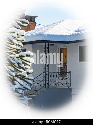 Entrance of residential house with monkey tree in snow Stock Photo
