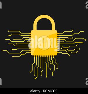 Yellow electronic lock icon in flat design. Vector illustration. Information security concept, on black background Stock Vector