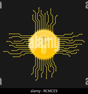 Yellow electronic lock icon in flat design. Vector illustration. Information security concept, on black background Stock Vector