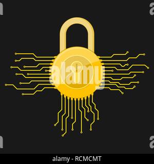Yellow electronic lock icon in flat design. Vector illustration. Information security concept, on black background Stock Vector