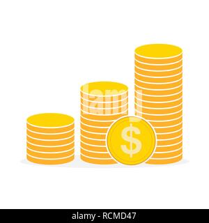 Heap of the golden dollar coins in flat design. Vector illustration. Dollar growth concept Stock Vector