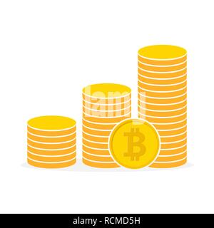 Heap of the golden bitcoins in flat design. Vector illustration. Bitcoin growth concept Stock Vector
