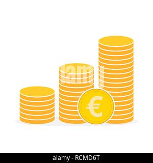 Heap of the golden euro coins in flat design. Vector illustration. Euro growth concept Stock Vector