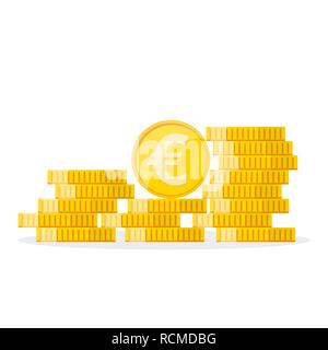 Heap of the golden euro coins in flat design. Vector illustration. Euro growth concept Stock Vector