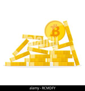 Heap of the golden bitcoins in flat design. Vector illustration. Bitcoin growth concept Stock Vector