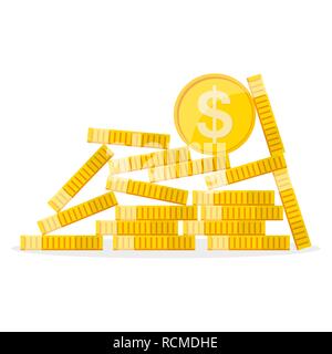 Heap of the golden dollar coins in flat design. Vector illustration. Dollar growth concept Stock Vector