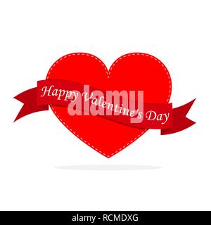 Festive heart in flat design. Vector illustration. Happy Valentine's day, greeting card with heart shape and ribbon. Stock Vector
