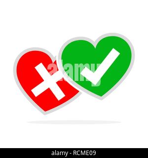 Hearts with Yes and No check marks. Vector illustration. Red and green hearts with check marks on white background. Stock Vector