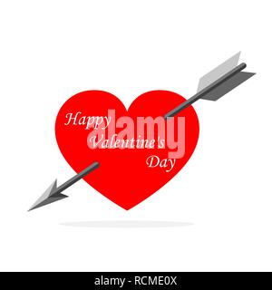 Festive heart in flat design. Vector illustration. Happy Valentine's day, greeting card with heart shape and hunter arrow. Stock Vector