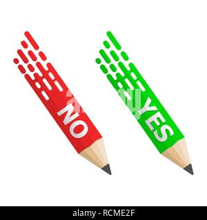 Pencils with Yes and No text. Vector illustration. Colored pencils on white background with shadow. Stock Vector
