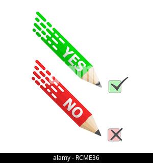Pencils with Yes and No text. Vector illustration. Colored pencils on white background with shadow. Stock Vector