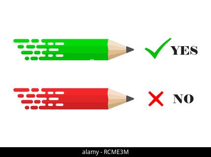 Pencils with Yes and No check marks. Vector illustration. Colored pencils on white background with shadow. Stock Vector