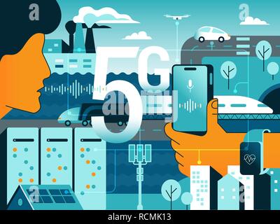 5G technologies in our life. Gradient vector concept illustration of new high speed wireless data connection 5G between sensors, servers, people, mobi Stock Vector