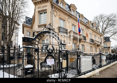 STRASBOURG, FRANCE - MAR 18, 2018: Russian Colsulate architecture building with Russian National Flag pooling staiton for Russian presidential election 2018 voting for President Stock Photo