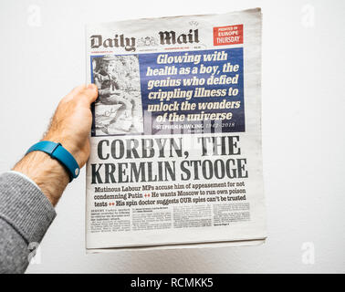 PARIS, FRANCE - MAR 19, 2018: British Daily Mail newspaper with portrait of Stephen Hawking the English theoretical physicist, cosmologist dead on 14 March 2018 Stock Photo
