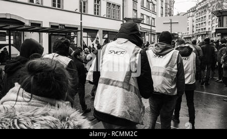 STRASBOURG, FRANCE  - MAR 22, 2018: Workers from public train SNCF at demonstration protest against Macron French government string of reforms Stock Photo