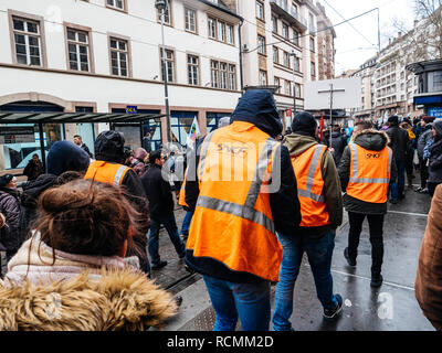 STRASBOURG, FRANCE  - MAR 22, 2018: Workers from public train SNCF at demonstration protest against Macron French government string of reforms Stock Photo