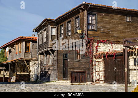 View of residential district with antique  houses in ancient city Nessebar or Mesembria on the Black Sea coast, Bulgaria, Europe Stock Photo